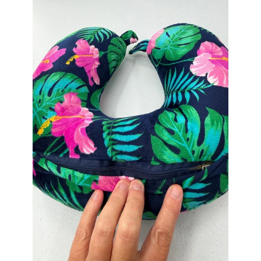 Tropical Floral Travel Neck Pillow Hibiscus Palm Leaf Navy Blue Snap Support OS